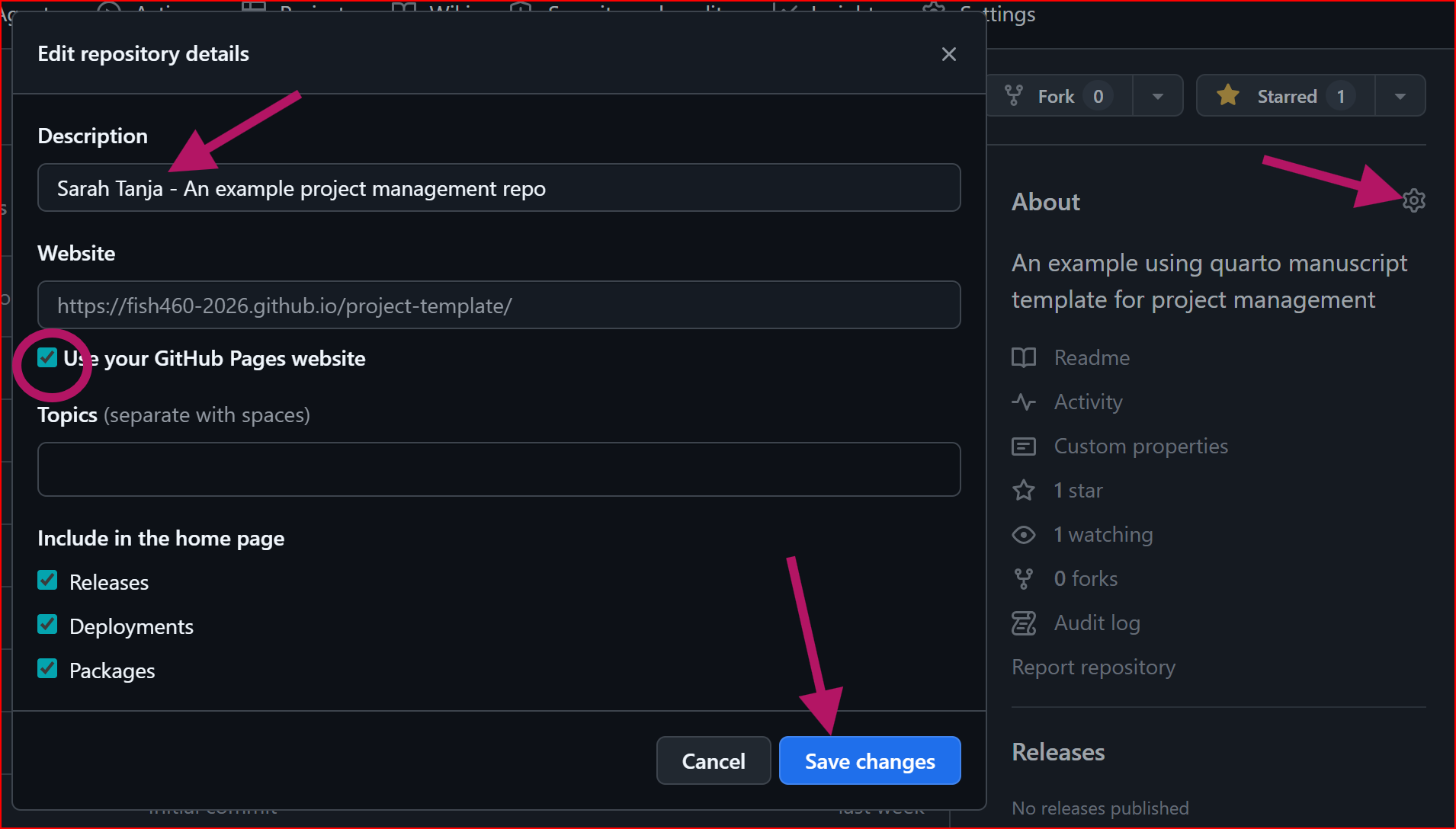 Edit your GitHub About section by clicking the cog wheel to the right of the About header in your research team github repo